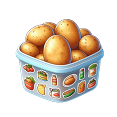 En beholder fyldt med friske kartofler, dekoreret med forskellige madikoner.