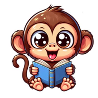 En sød, tegnet abe med store øjne, der smiler og holder en bog.