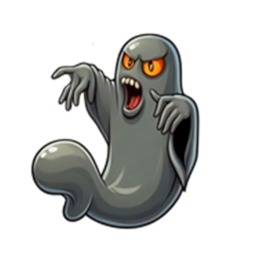 Et tegnet spøgelse med truende ansigtsudtryk og lysende øjne.