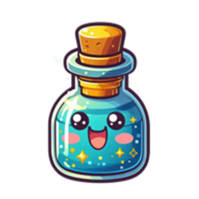 En farverig og glad flaske med en blå væske, der har et smilende ansigt.