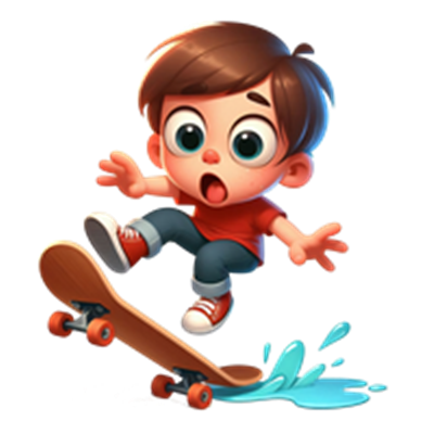 En overrasket dreng på skateboard, der skøjter over vand.