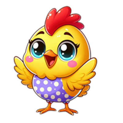 En farverig, glad kylling med store øjne og en rød kam, iført en lilla kjole med hvide prikker.