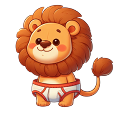 En tegneserieagtig løve med en stor manke, der står iført underbukser.