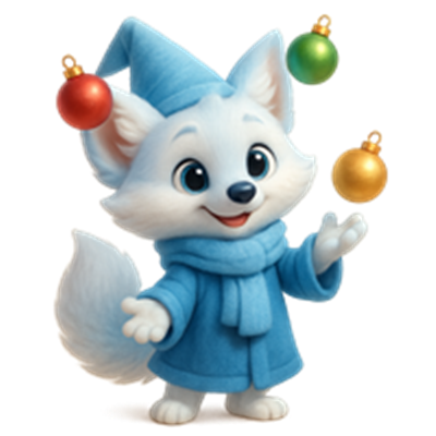 En sød, hvid ræv iført en blå kappe, der jonglerer med julepynt.