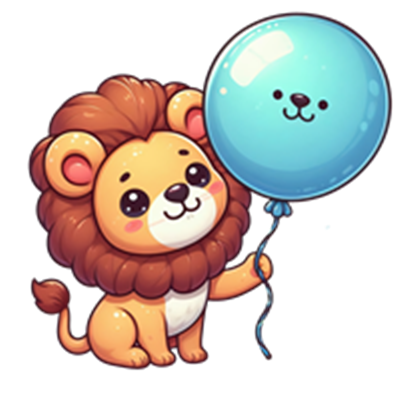 En tegneserieagtig løve holder en blå ballon med et sødt ansigt.