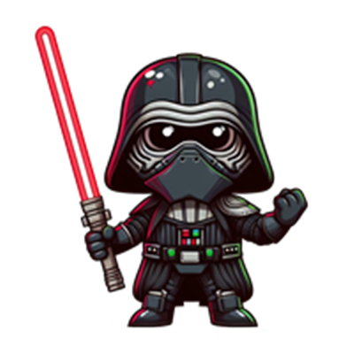 En sød og farverig tegneserieversion af Darth Vader, der holder et rødt lyssværd.