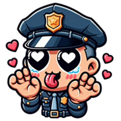 En sød, cartoon-agtig politimand med store hjerte-øjne og en legesyg attitude.