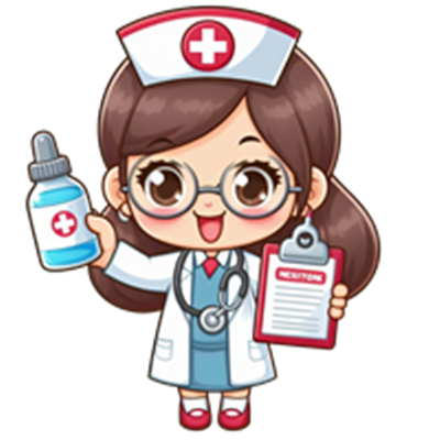 En tegneserieagtig sygeplejerske holder en medicinflaske og en clipboard.