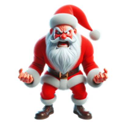 En muskuløs og vred julemand med hvidt skæg og rød dragt, der ser truende ud.