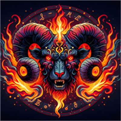 Et farverigt og dramatisk billede af en vædder med flammer og mystiske symboler.