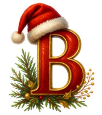 Et dekorativt bogstav B iført en julesanta-hat, omgivet af grene og julepynt.