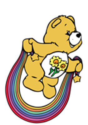 En farverig bamse holder en regnbue og har blomster på sin mave.