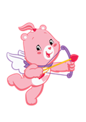 En glad pink bjørn med vinger, der skyder med en bue og pil.