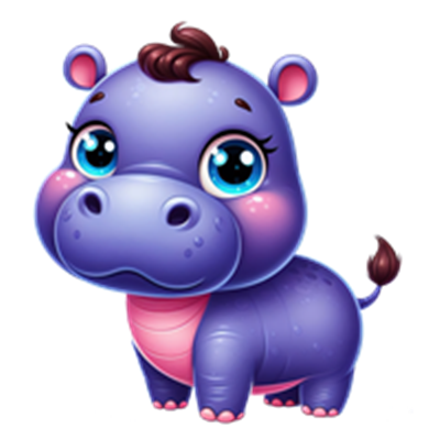 En sød og farverig tegning af en lilla flodhest med store øjne og en venlig mine.