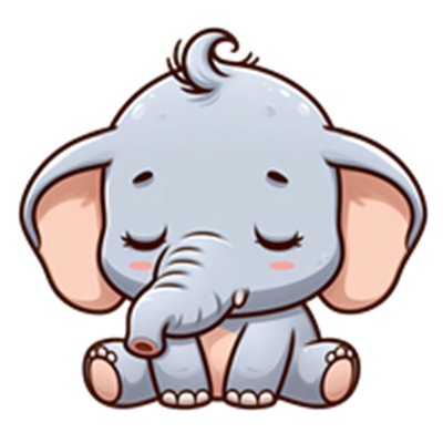 Et tegnet billede af en sød, grå elefantunge, der sidder med lukkede øjne.