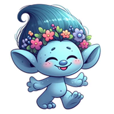 En sød, blå trold med store ører, der har en blomsterkrans og smiler, mens den danser.