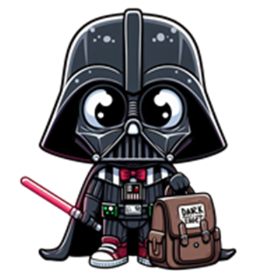 En sød, cartoon-agtig version af Darth Vader, iført en rygsæk og med et lyssværd.
