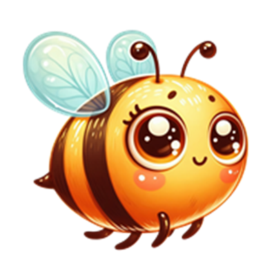 En glad, tegnet bi med store øjne og gennemsigtige vinger.