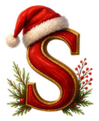 Et dekorativt bogstav S iført en rød nissehat, omgivet af julegrønne elementer.