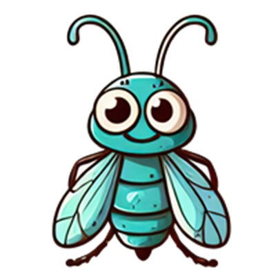 En cartoon-agtig bi med en turquoise farve og venligt udtryk, der smiler.