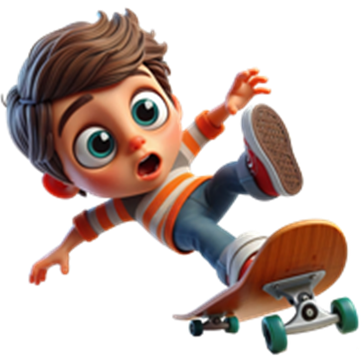 En ung dreng, der ser overrasket ud, mens han falder af sit skateboard.