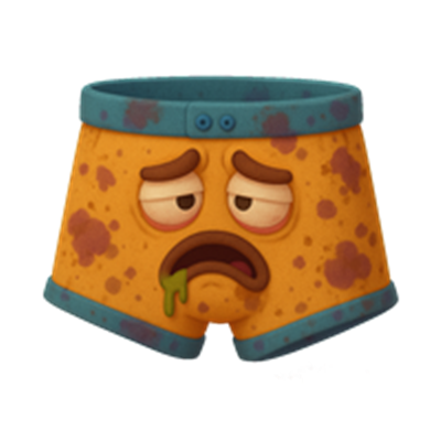 En trist og snavset par underbukser med et kedeligt ansigt og farverige detaljer.