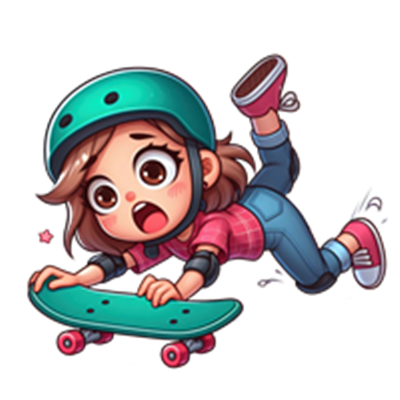 En ung pige falder af sin skateboard, iført hjelm og beskyttelsesudstyr, med et overrasket udtryk.