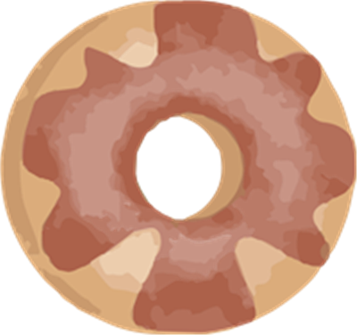 En illustreret donut med chokoladeglasur og en gylden bund.