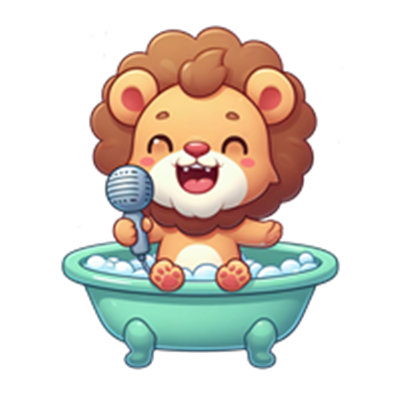 En sød, tegneserieagtig løve sidder i et badekar fyldt med skum og synger med en mikrofon.