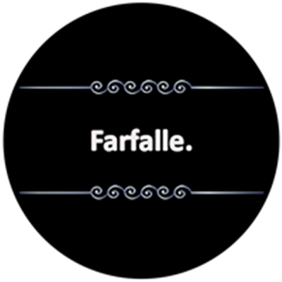 Billedet viser teksten Farfalle på en sort baggrund med dekorative elementer.