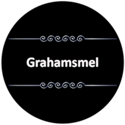 Logo for Grahamsmel, en type mel, præsenteret på en sort baggrund.