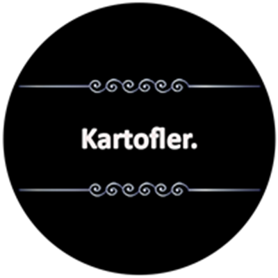 Billedet viser ordet Kartofler i en enkel, elegant skrifttype på sort baggrund.