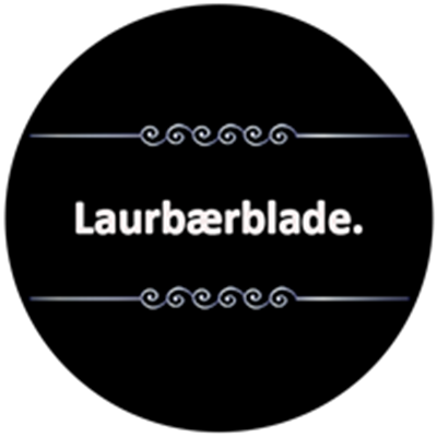 Billedet viser teksten Laurbærblade med en dekorativ ramme, der fremhæver krydderurten.