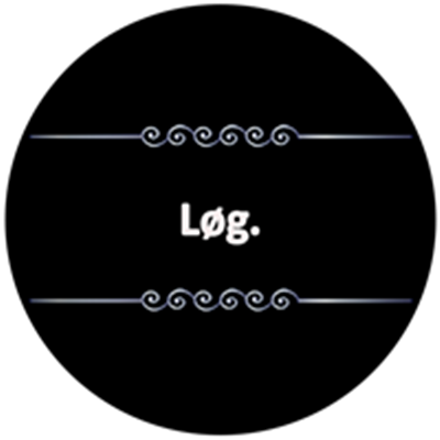 Et enkelt billede med teksten Løg. på en sort baggrund, indrammet af dekorative elementer.