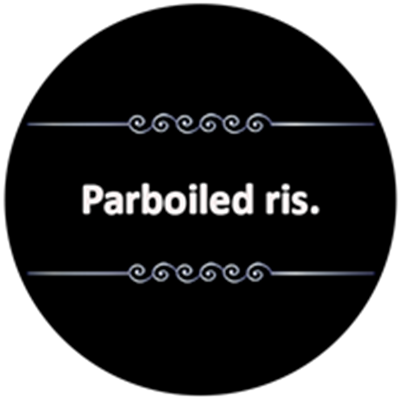 Et billede med teksten Parboiled ris præsenteret på en sort baggrund.