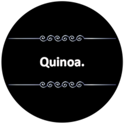 Billedet viser teksten Quinoa på en sort baggrund med dekorative elementer.