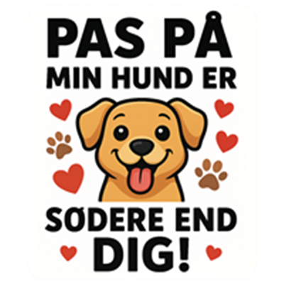 Et sjovt skilt med en glad hund og tekst, der advarer om hundens sødhed.