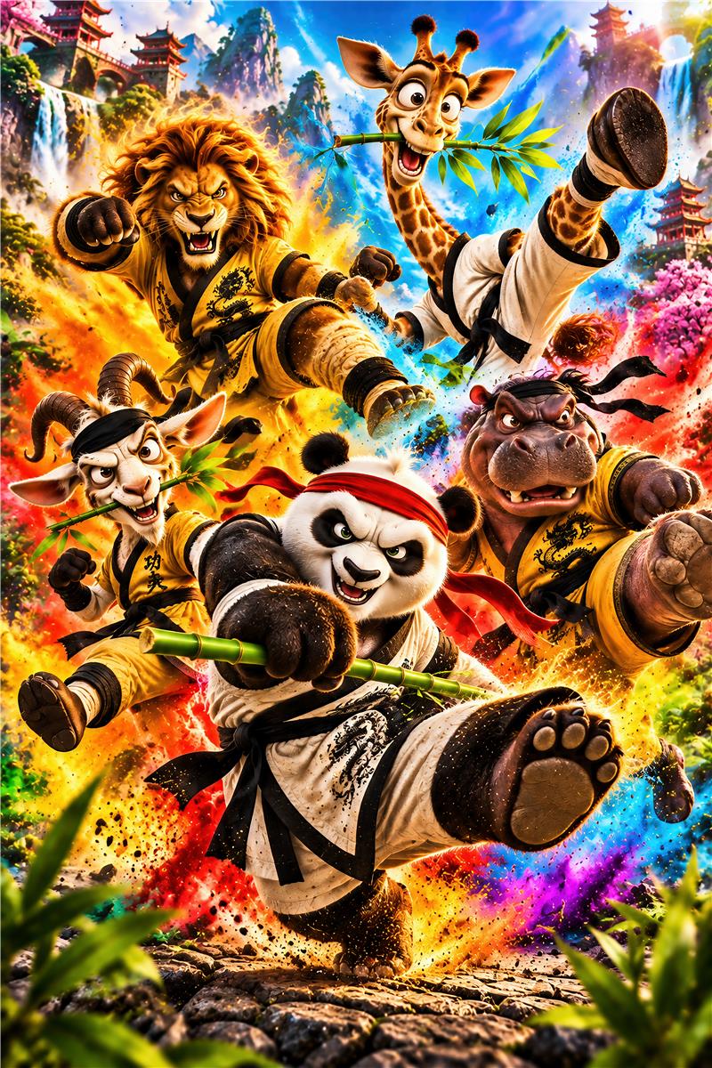 Farverig Kung Fu Dyreplakat – forhåndsvisning af plakat