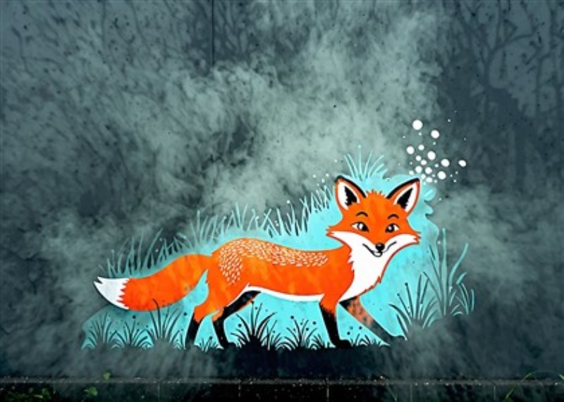 Glad ræv i tåget skov - Oplev en livlig illustration af en glad ræv, der udforsker et mystisk grønt landskab fyldt med tåge. Dette kunstværk bringer naturens skønhed ind i dit hjem, perfekt til at skabe en varm og indbydende atmosfære.