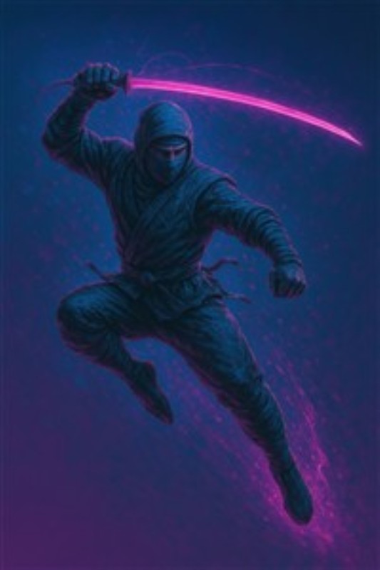 Ninja i Aktion med Lysende Sværd - Oplev spændingen med dette dramatiske kunstværk af en ninja i bevægelse, der svinger et strålende pink sværd på en mystisk baggrund. Det perfekte element til at tilføje en dynamisk og livlig stemning til dit rum.