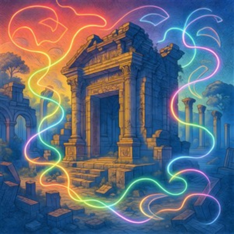 Neonmagisk Ruin med Drømmeagtig Lys - Oplev denne betagende illustration af en mystisk ruin, hvor farverige neonstræk væver sig gennem en drømmeagtig atmosfære. Et perfekt stykke kunst, der tilføjer en magisk dimension til dit hjem.