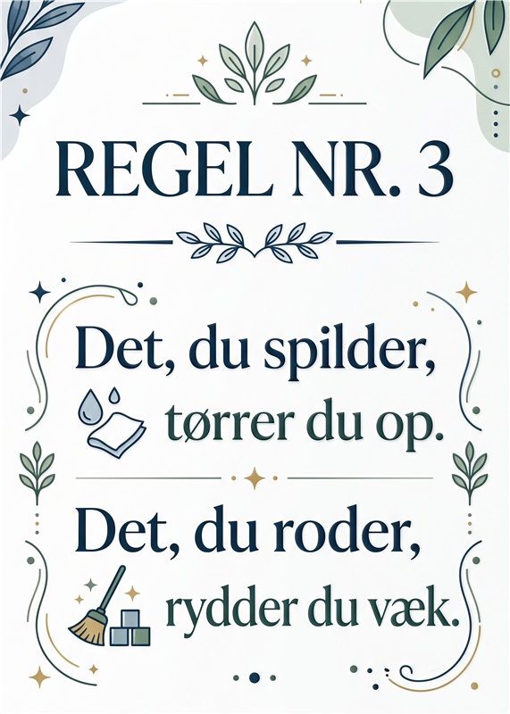 Regler for Ryddeglæde: Nem Hjemmeholdning - Gør oprydning til en leg med denne smukke plakat, der minder dig om, hvordan man holder orden. En perfekt tilføjelse til dit hjem for at inspirere til renlige vaner og skabe en harmonisk atmosfære.