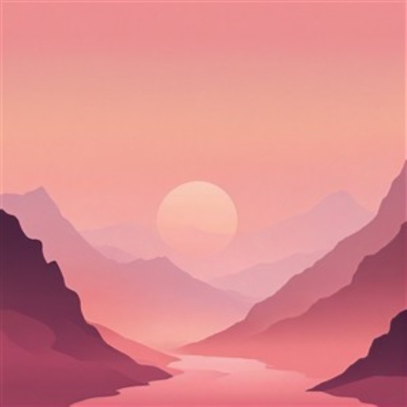 Rosa Solopgang over Bjerge i Stil - Oplev den magiske ro i landskabet med bløde bjerge og en smuk, rosa solopgang. Denne illustration tilfører et strejf af naturens skønhed til dit hjem.