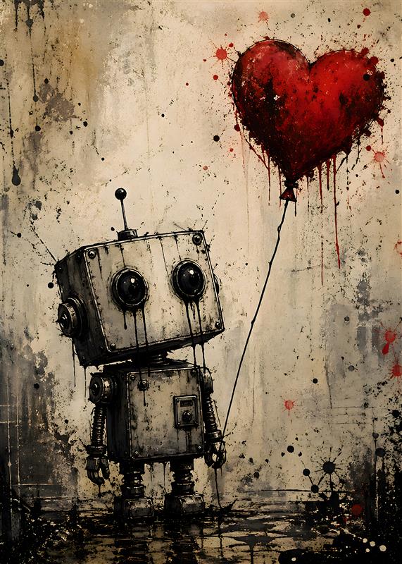 Robot med Hjerteballon: Kærlighed og Nostalgia - Oplev den charmerende robot med en hjerteformet ballon, der står som et symbol på kærlighed og nostalgi. Dens unikke, metaliske udtryk og de mørke, teksturerede omgivelser tilføjer en industriel charme til ethvert rum.