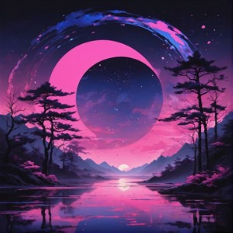 Drømmeagtig nat med rosa måne og bjerge - Oplev et surrealistisk univers med en betagende rosa måne, der spejler sig i roligt vand. Mørke bjerge og stilfulde træer skaber en magisk atmosfære, perfekt til at drømme sig væk.