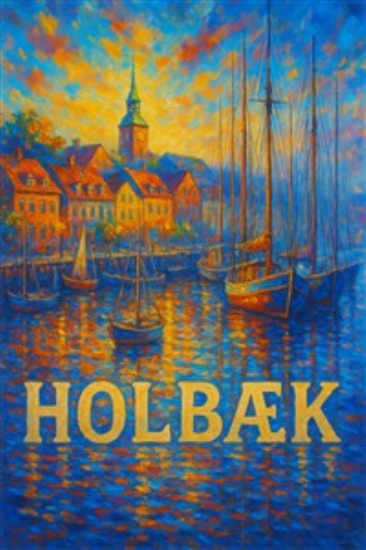 Holbæk: En Solnedgangsdrøm ved Havnen - Oplev den betagende skønhed af Holbæk, fanget i et farverigt maleri, der skildrer både og en magisk solnedgang over vandet. Denne kunstværk tilføjer varme og liv til dit hjem.