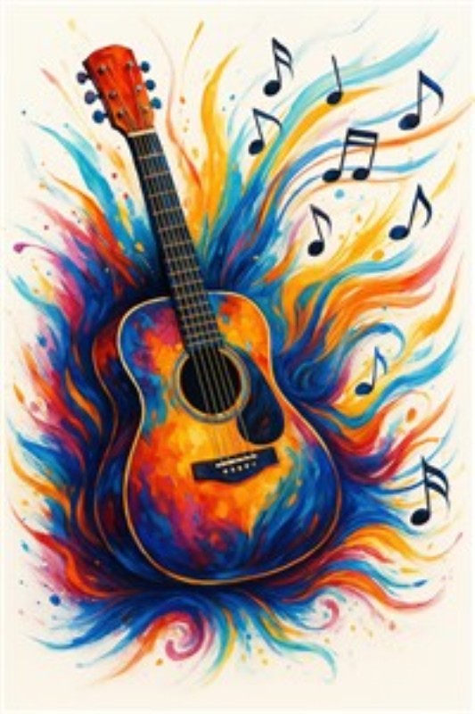 Farverig Guitar med Musikalsk Energi - Oplev en fantastiske fusion af farver med denne guitar omgivet af vibrerende flammer og musiknoter. Dette kunstværk fanger livets rytme og tilføjer en dynamisk stemning til ethvert rum.