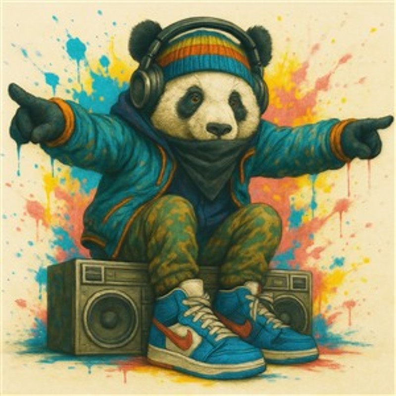 Cool Hip Hop Panda med Beats - Oplev den livlige energi fra denne fantastiske panda, der danser til rytmerne af sit yndlingsmusik. Med sine hovedtelefoner og sporty outfit tilføjer denne illustration et sjovt og moderne præg til ethvert rum.