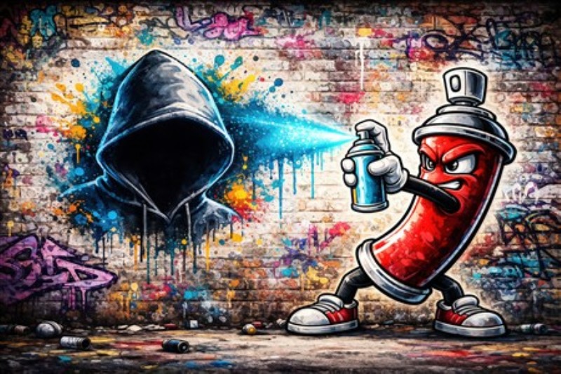 Farverig Graffiti Kamp: Kreativitet i Aktion - Oplev energien fra gadekunst med dette livlige motiv, hvor spraydåsen sprøjter farver mod en mystisk skyggefigur. Det perfekte valg til at tilføje karakter til dit hjem og inspirere til kreativitet.