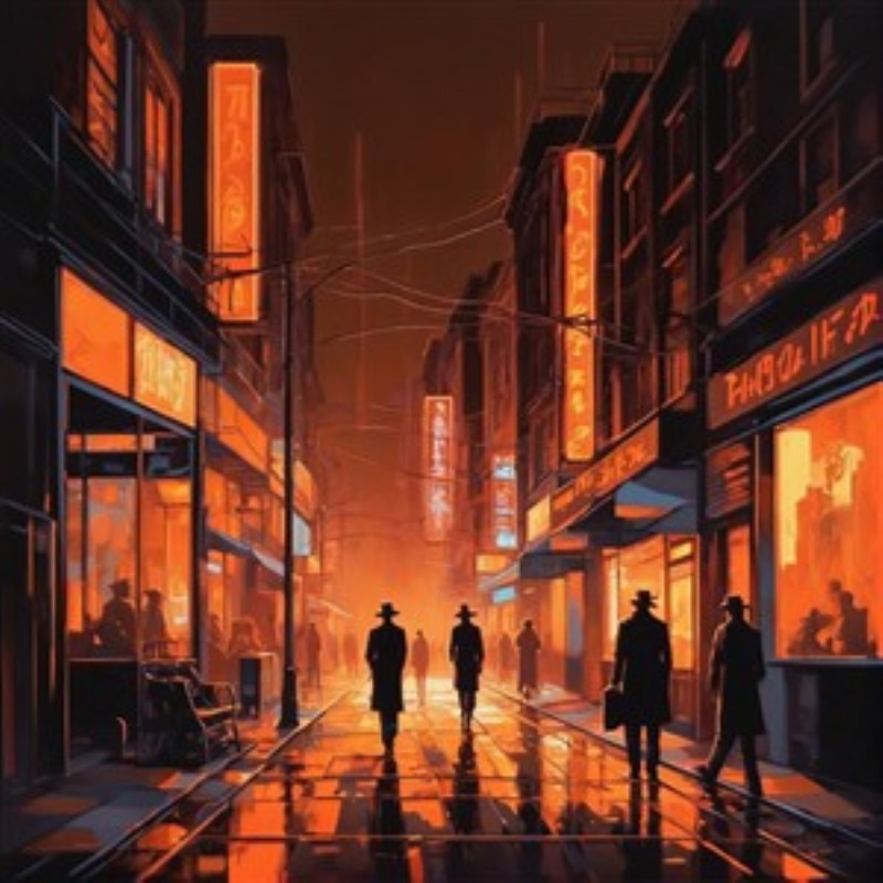 Aftens Lys i Byens Skær - Oplev den fascinerende atmosfære af en by om natten, hvor neonlys designer en drømmende virkelighed. Silhouetterne af forbipasserende skaber en følelse af mystik og dybde, perfekt til ethvert rum.